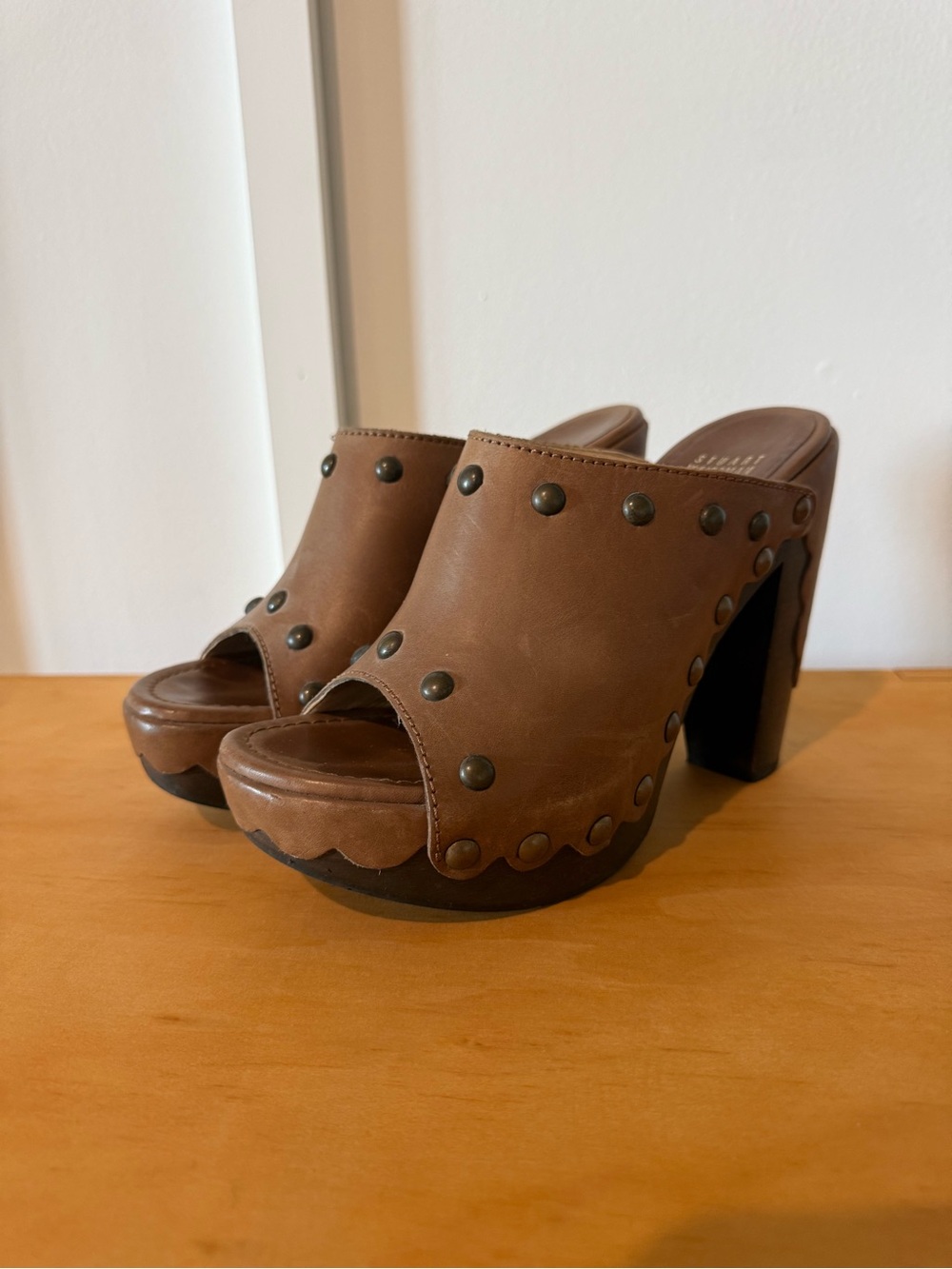 Stuart Weitzman Brown Studded Leather Platform Mule Heels